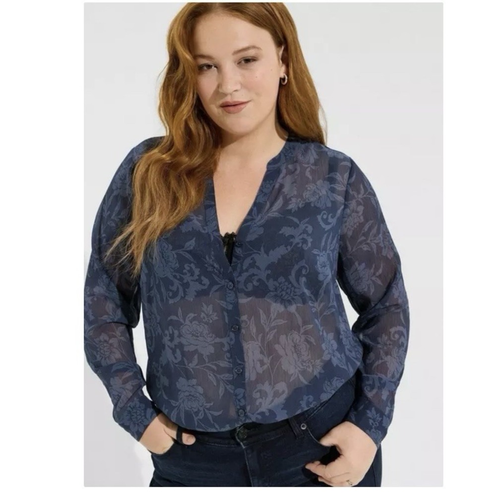 Torrid Blue Sheer‎ Chiffon Floral Pullover Long Sleeve Blouse Size 3X